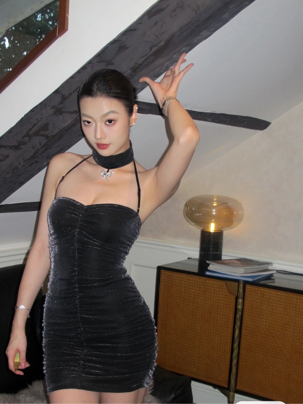 XENASERA Overflow Note Black Shimmer Ruched Mini Dress Size S - Picture 6 of 7